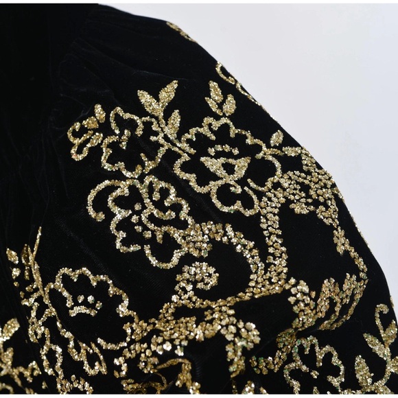 Vintage 80s Black and Gold Velvet Scott McClintock Off Shoulder Party Dress 4 - Picture 5 of 5